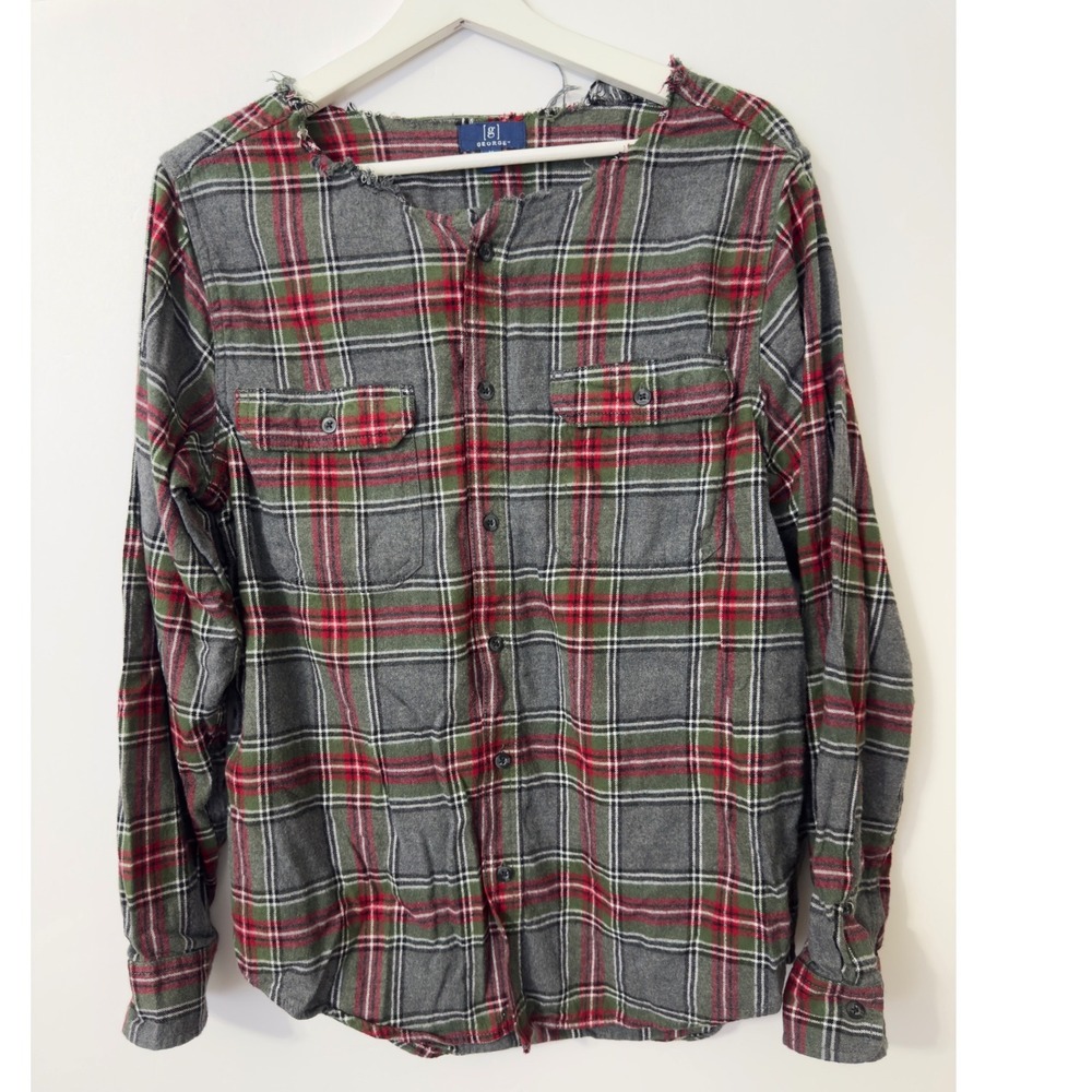 George Flannel Shirt Mens M Grey Red Plaid Deconstructed Raw Neckline Grunge